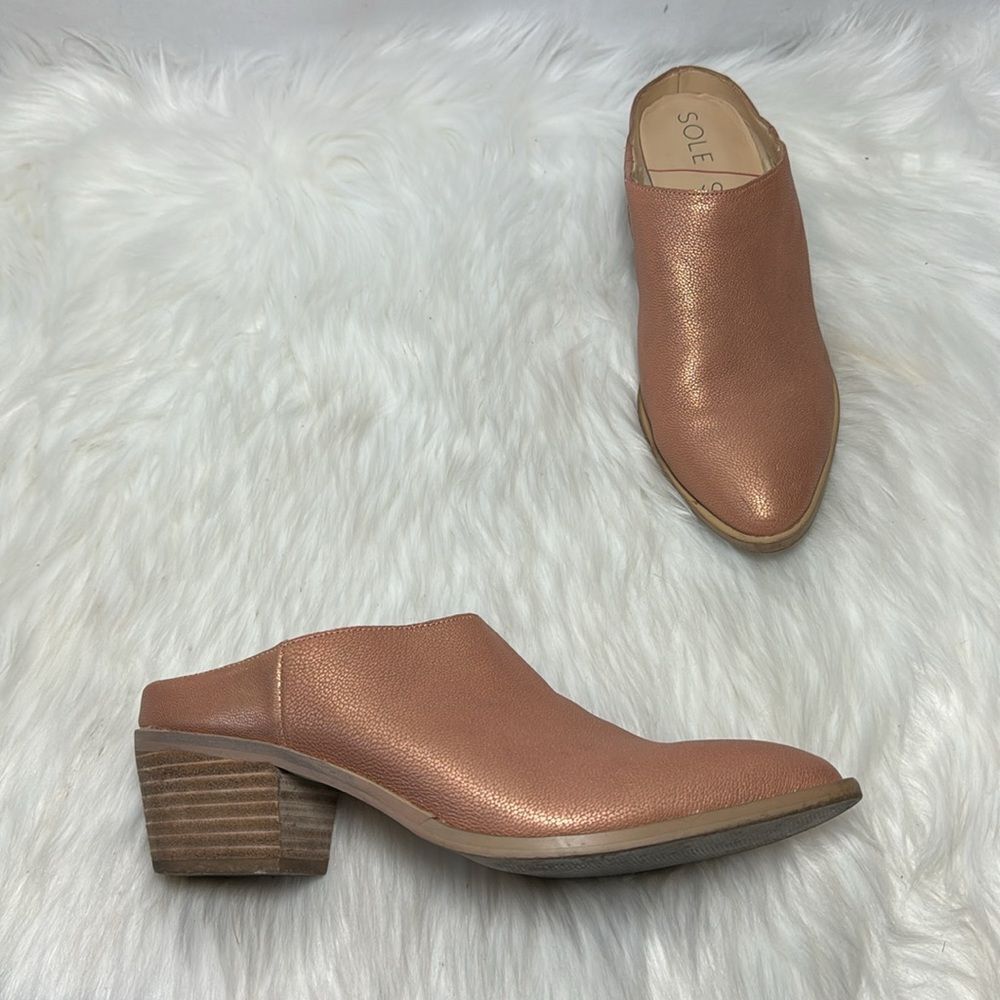 Sole Society Nadina Metallic Copper Pink Block Heel Mules Sz 7.5
